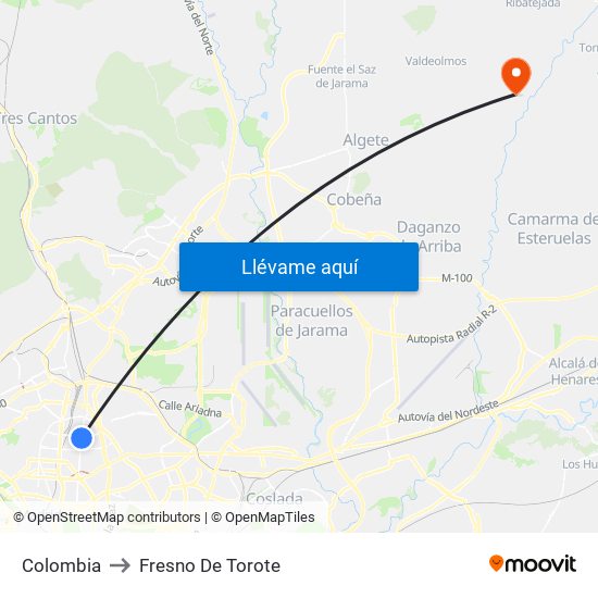 Colombia to Fresno De Torote map