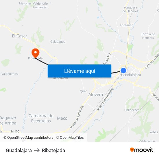 Guadalajara to Ribatejada map