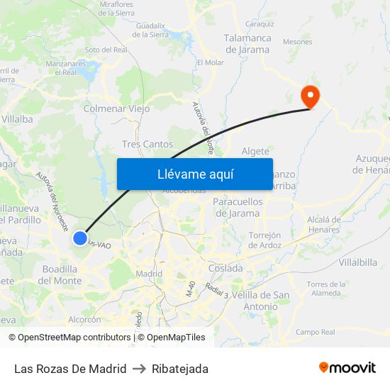 Las Rozas De Madrid to Ribatejada map