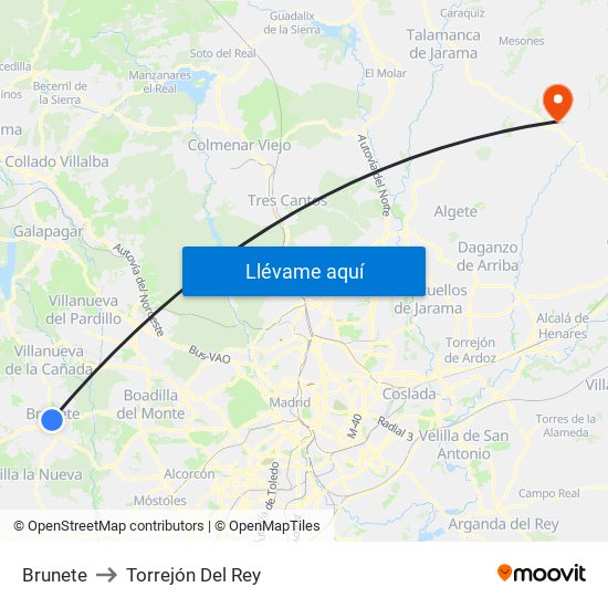 Brunete to Torrejón Del Rey map