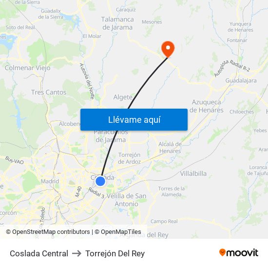 Coslada Central to Torrejón Del Rey map