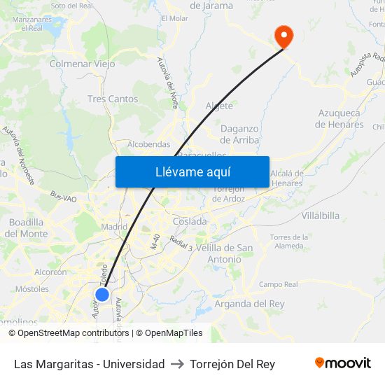 Las Margaritas - Universidad to Torrejón Del Rey map