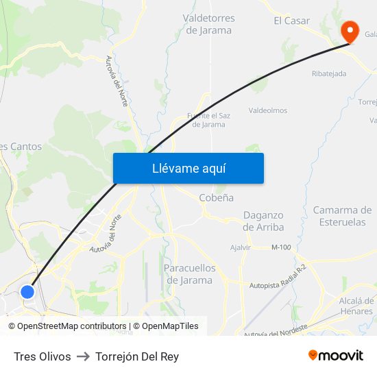 Tres Olivos to Torrejón Del Rey map