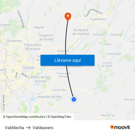 Valdilecha to Valdeavero map