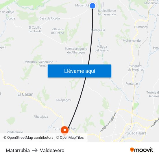 Matarrubia to Valdeavero map
