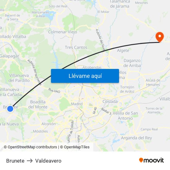 Brunete to Valdeavero map