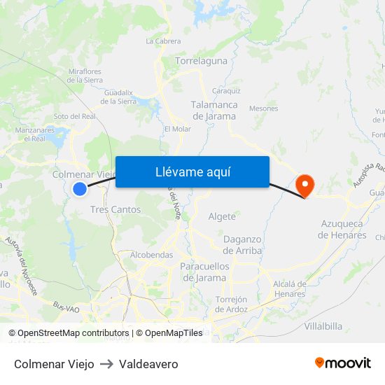 Colmenar Viejo to Valdeavero map