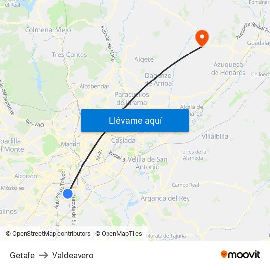 Getafe to Valdeavero map