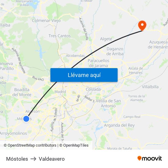 Móstoles to Valdeavero map