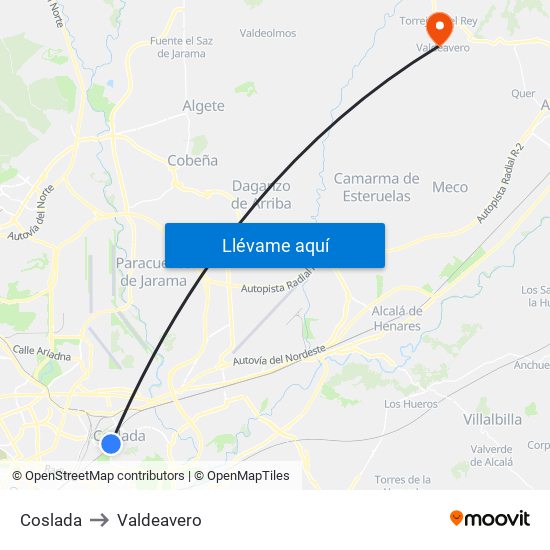 Coslada to Valdeavero map
