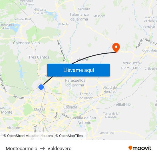 Montecarmelo to Valdeavero map