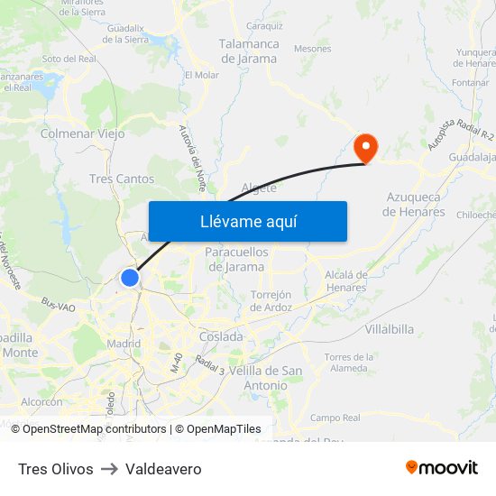 Tres Olivos to Valdeavero map
