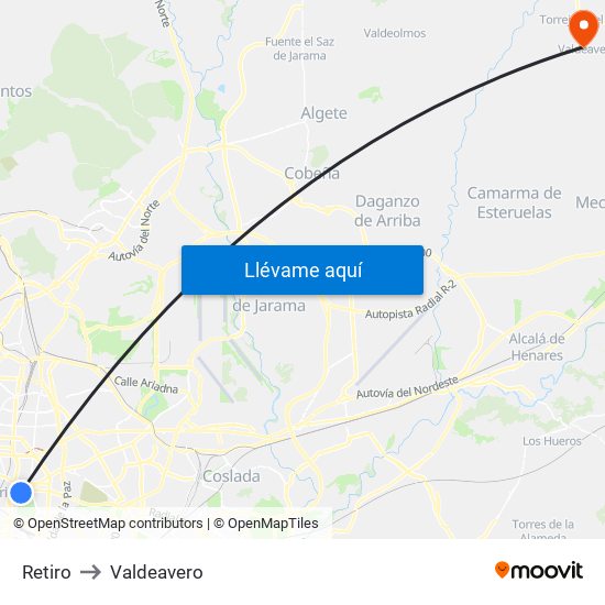 Retiro to Valdeavero map