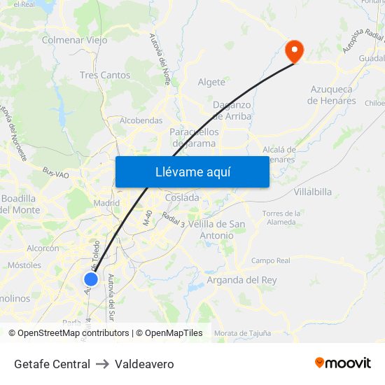 Getafe Central to Valdeavero map