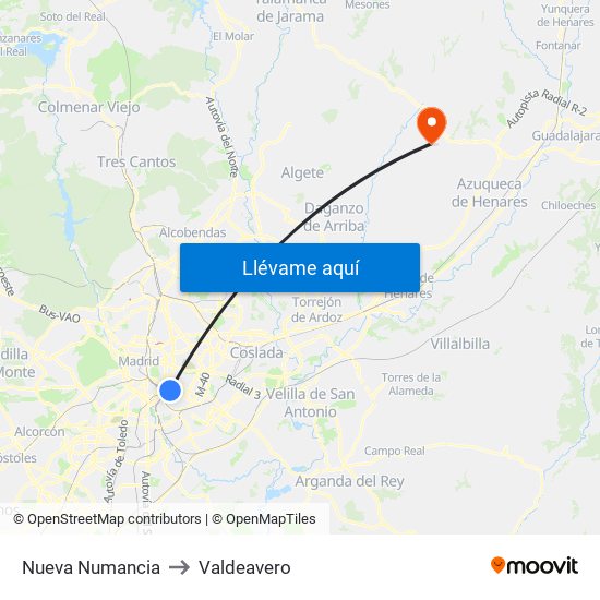 Nueva Numancia to Valdeavero map