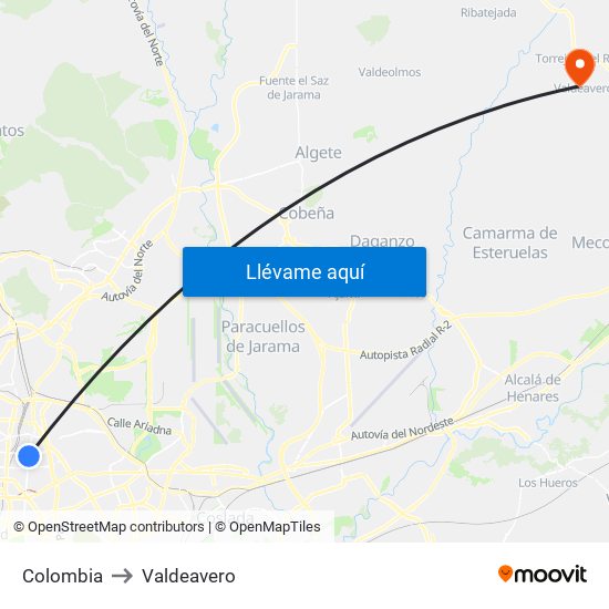 Colombia to Valdeavero map