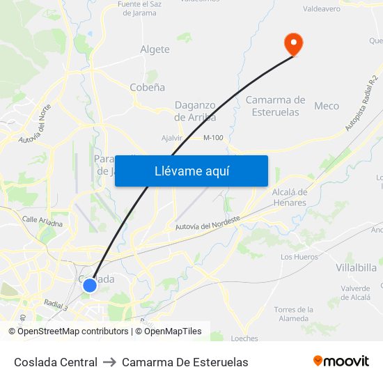 Coslada Central to Camarma De Esteruelas map