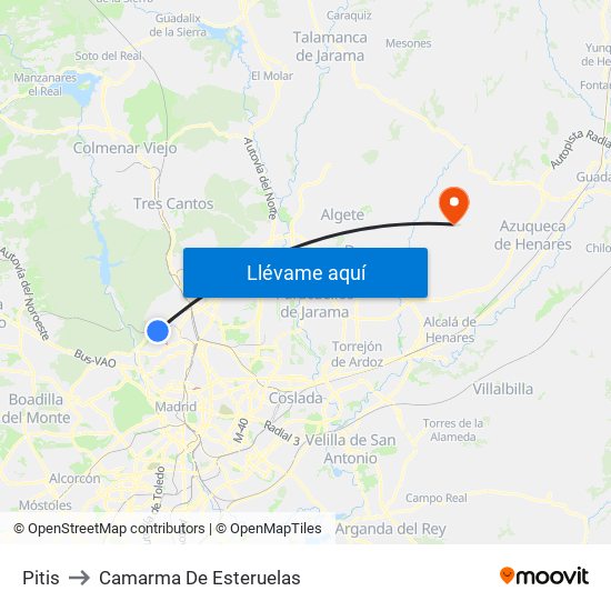 Pitis to Camarma De Esteruelas map