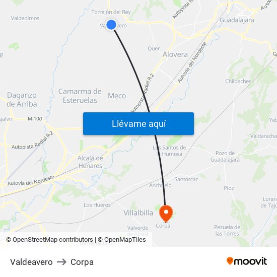Valdeavero to Corpa map