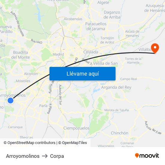 Arroyomolinos to Corpa map