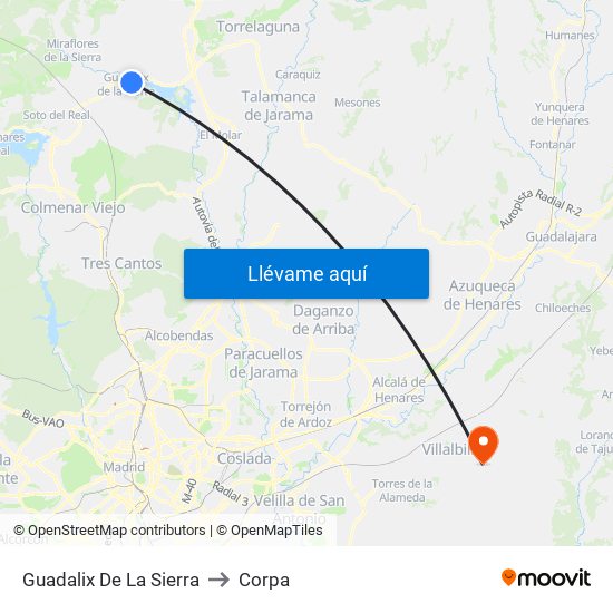 Guadalix De La Sierra to Corpa map