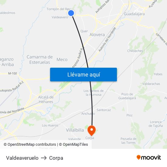 Valdeaveruelo to Corpa map