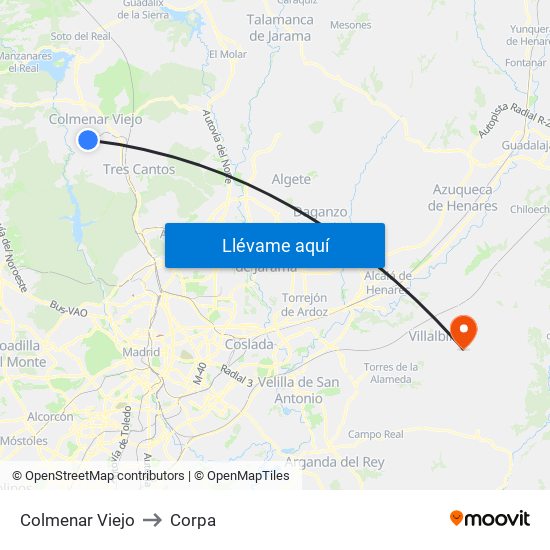 Colmenar Viejo to Corpa map
