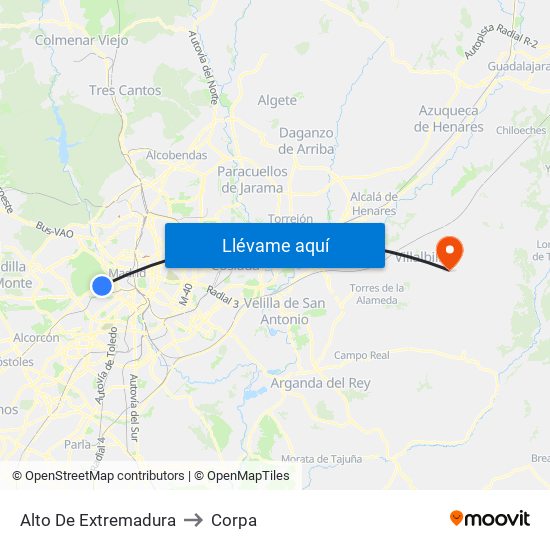 Alto De Extremadura to Corpa map