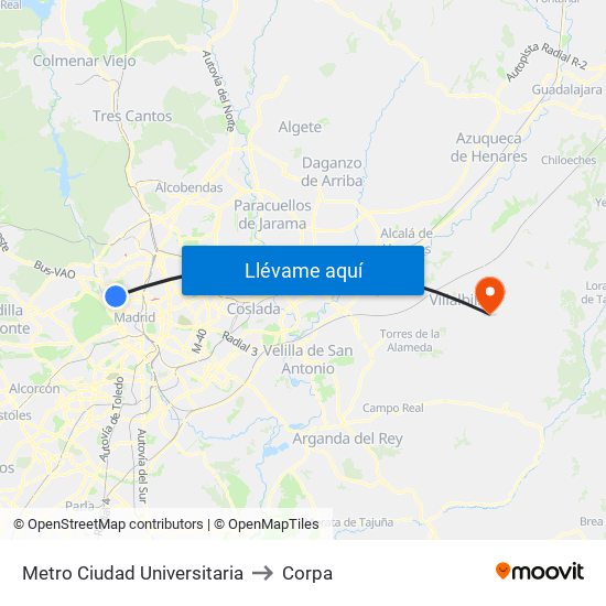 Metro Ciudad Universitaria to Corpa map