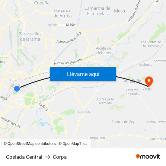 Coslada Central to Corpa map
