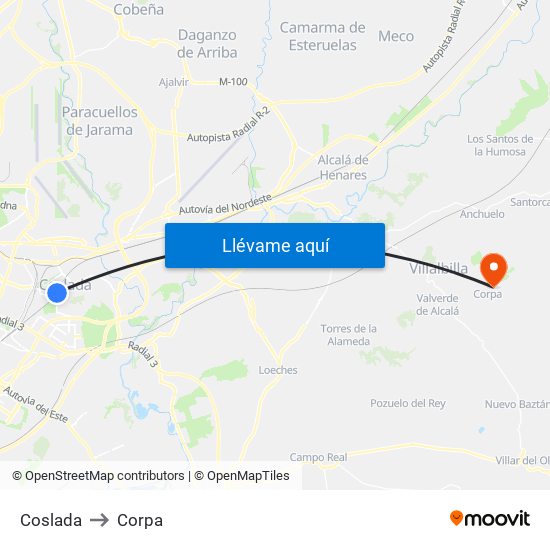 Coslada to Corpa map