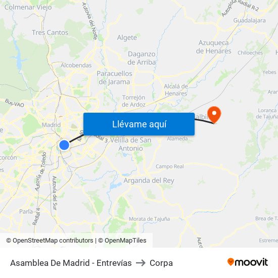 Asamblea De Madrid - Entrevías to Corpa map