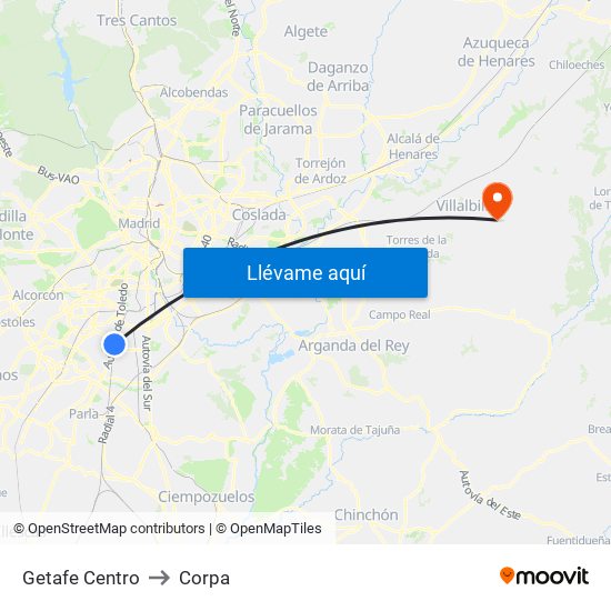 Getafe Centro to Corpa map