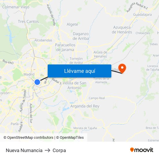 Nueva Numancia to Corpa map