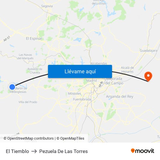 El Tiemblo to Pezuela De Las Torres map