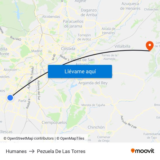 Humanes to Pezuela De Las Torres map
