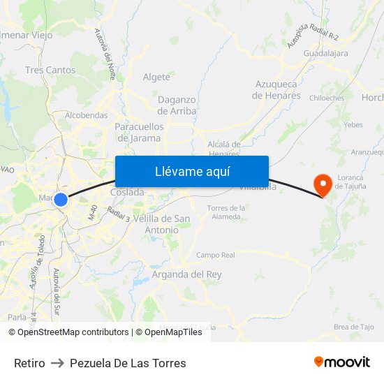 Retiro to Pezuela De Las Torres map