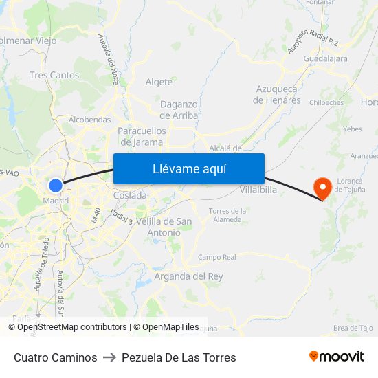 Cuatro Caminos to Pezuela De Las Torres map
