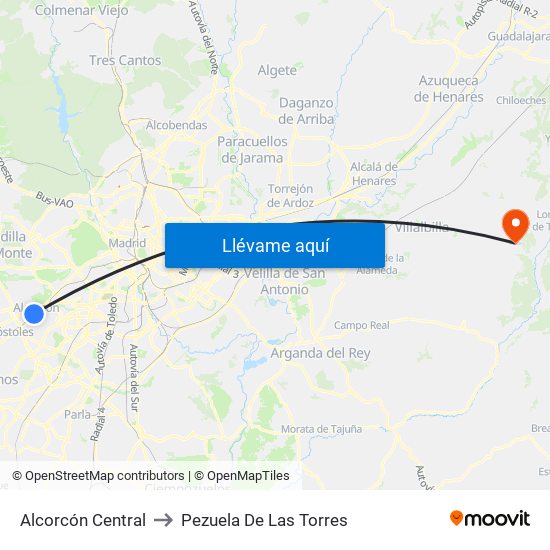 Alcorcón Central to Pezuela De Las Torres map