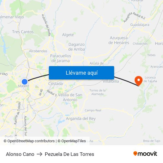 Alonso Cano to Pezuela De Las Torres map
