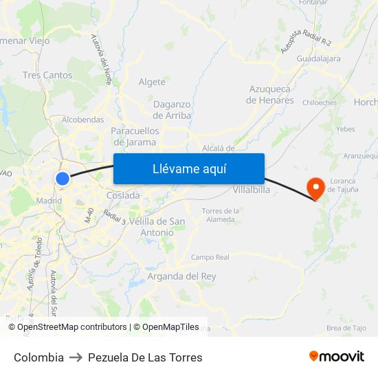 Colombia to Pezuela De Las Torres map