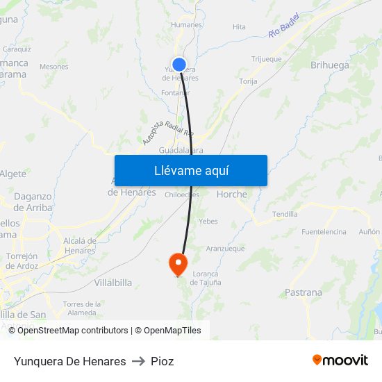 Yunquera De Henares to Pioz map