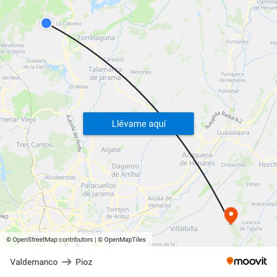 Valdemanco to Pioz map