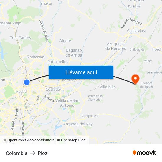 Colombia to Pioz map