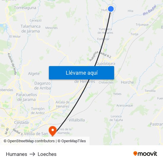 Humanes to Loeches map