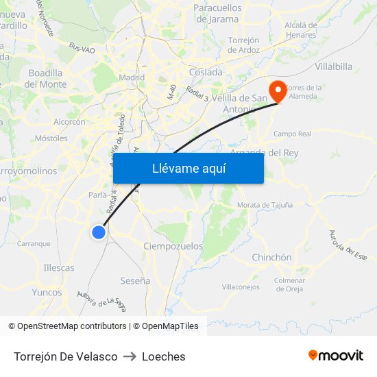 Torrejón De Velasco to Loeches map