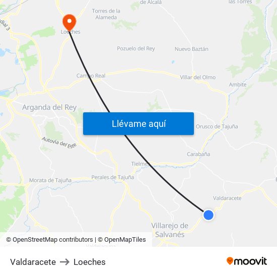 Valdaracete to Loeches map