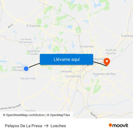 Pelayos De La Presa to Loeches map