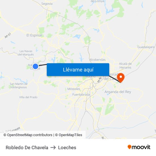 Robledo De Chavela to Loeches map