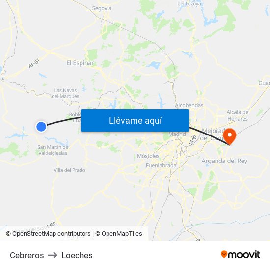 Cebreros to Loeches map